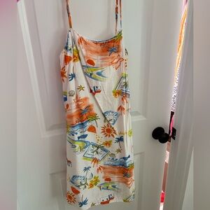 Meet Me In Santorini Mini Dress Linen Mediterranean Print Size XS